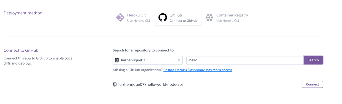 Selecionando projeto GitHub no Heroku